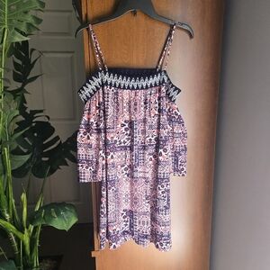 Trixxi Red and Blue Off-Shoulder Summer Pattern Mini Dress Xs